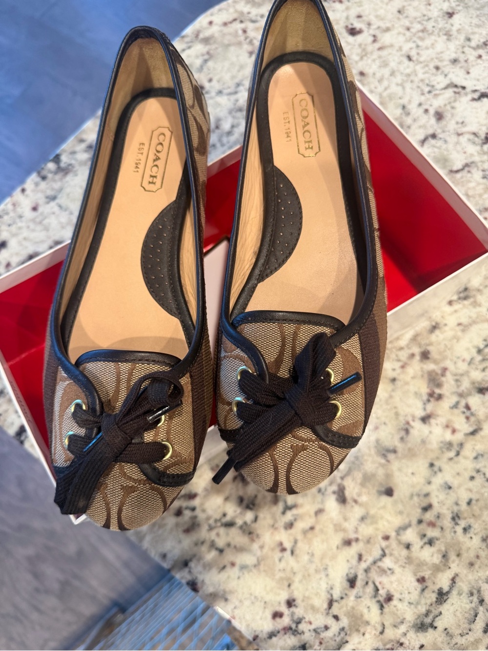 COACH Brown Signature Canvas Bow Trim Ballet Flats